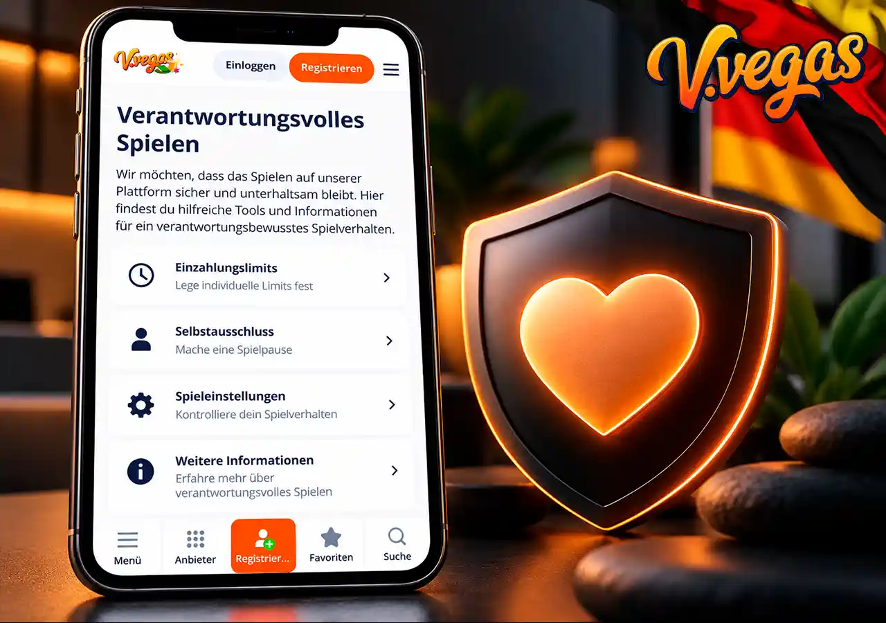 Seite für verantwortungsvolles Spielen auf Mobilgerät mit großem Schutzherz.